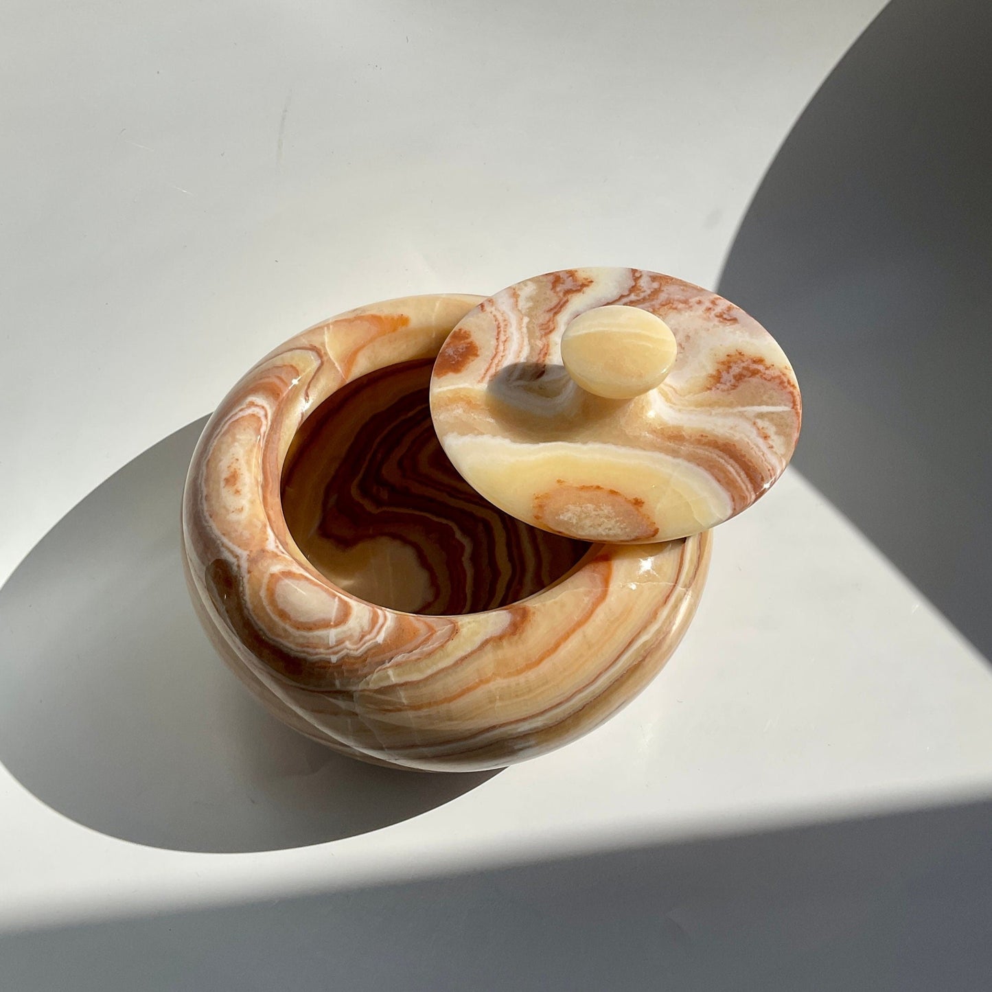 Unique Statement Orange Calcite Marble Bandings Bowl with Lid