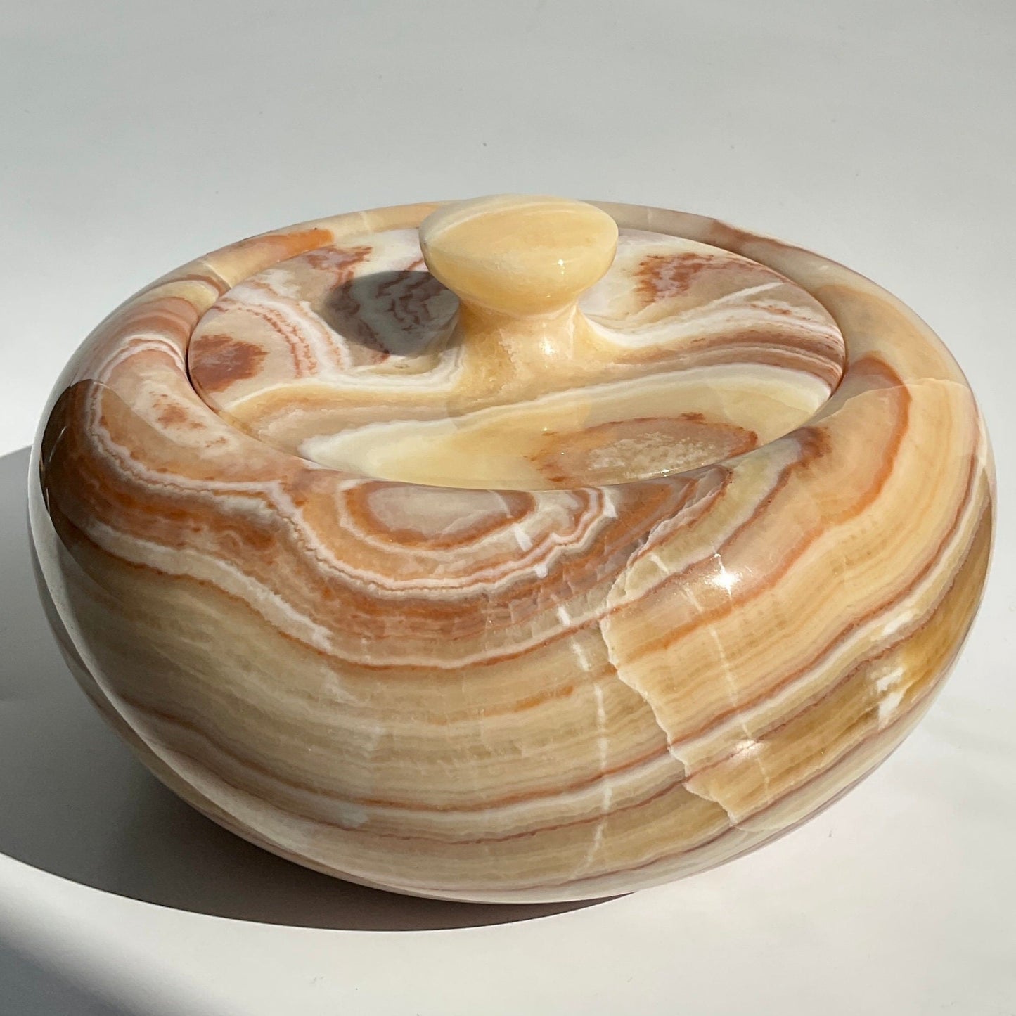 Unique Statement Orange Calcite Marble Bandings Bowl with Lid