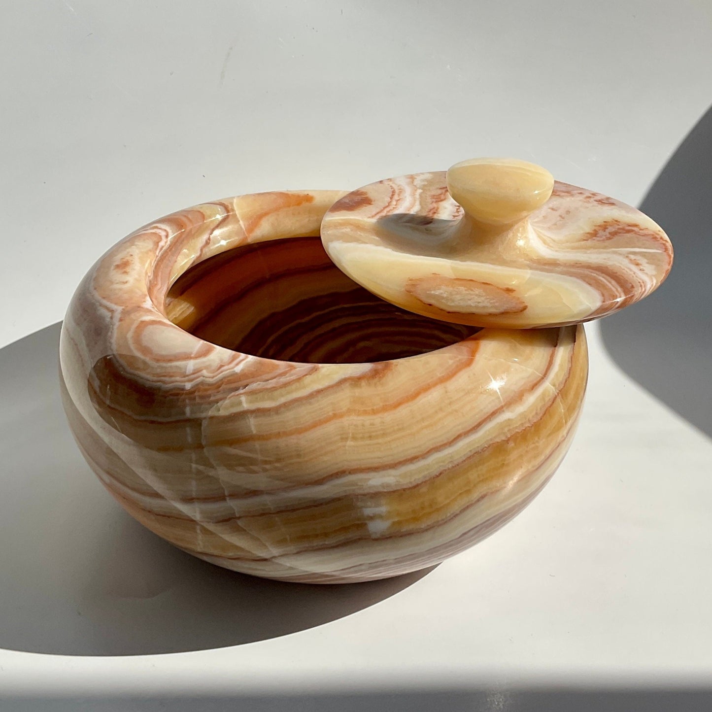 Unique Statement Orange Calcite Marble Bandings Bowl with Lid