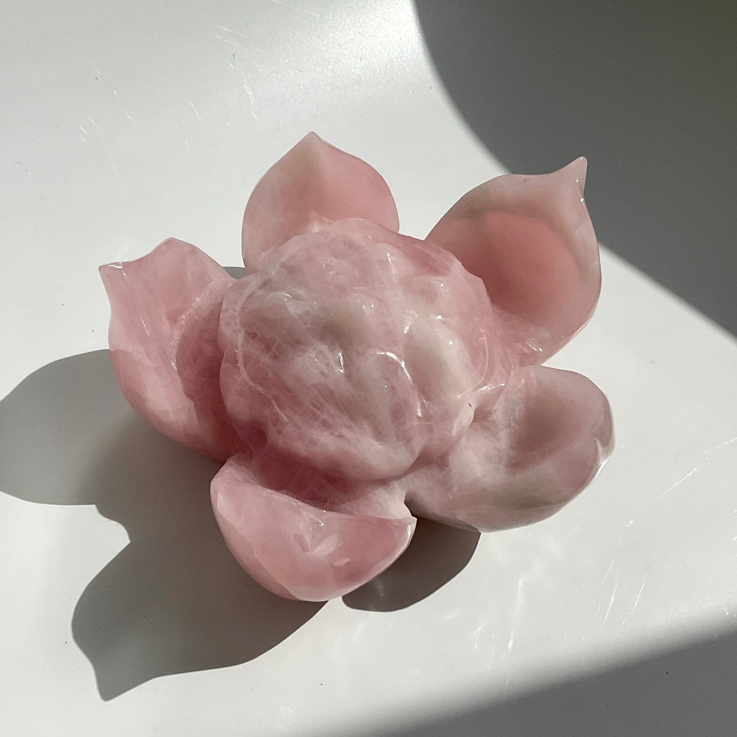 Stunning Pink Rose Quartz Crystal Hand Carved Lotus Flower