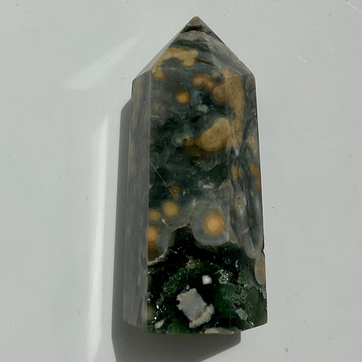 Orbicular Bubble Ocean Jasper Green Yellow Druzy Tower