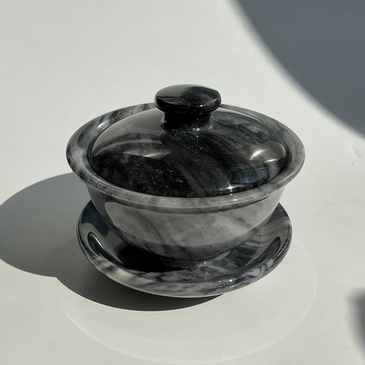 Black Grey White Jasper Teacup with Fitted Lid and Saucer set