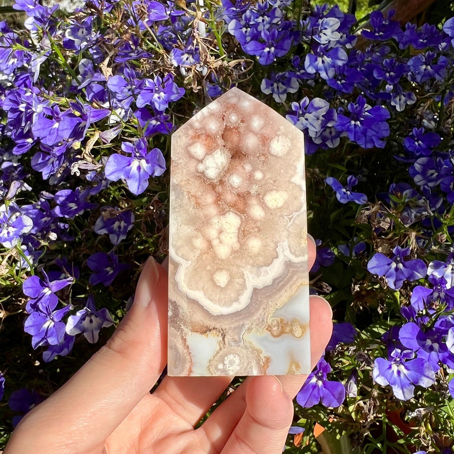 Pink Amethyst Flower Agate Baby Blue Flat Block Tower