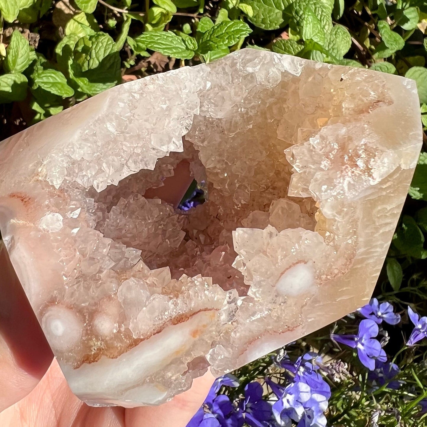 Sweet Pink Amethyst Orbicular Full Quartz Druzy Geode Freeform