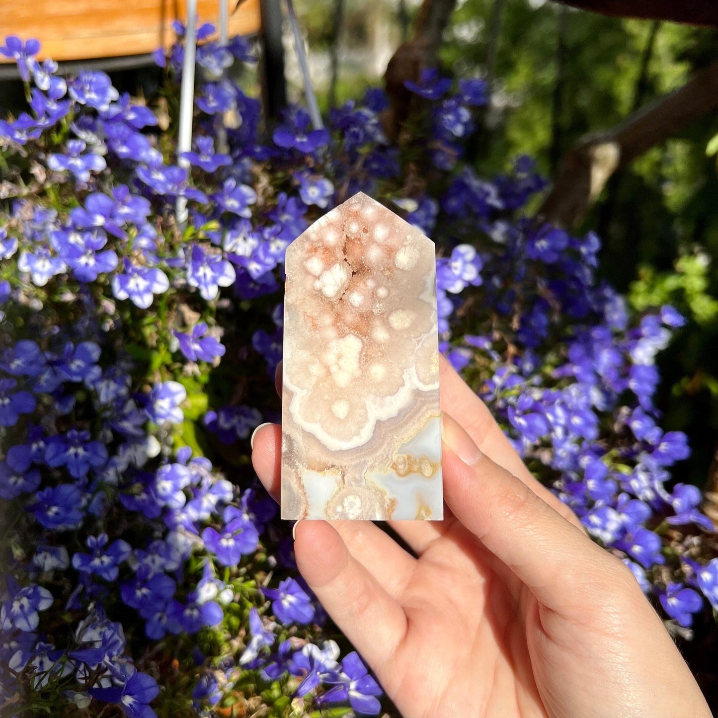 Pink Amethyst Flower Agate Baby Blue Flat Block Tower