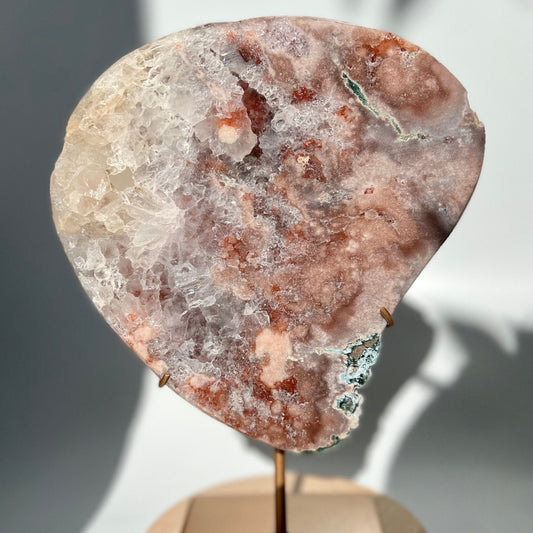 Statement Quartz Filled Pink Amethyst High Grade Slab on Gold Stand