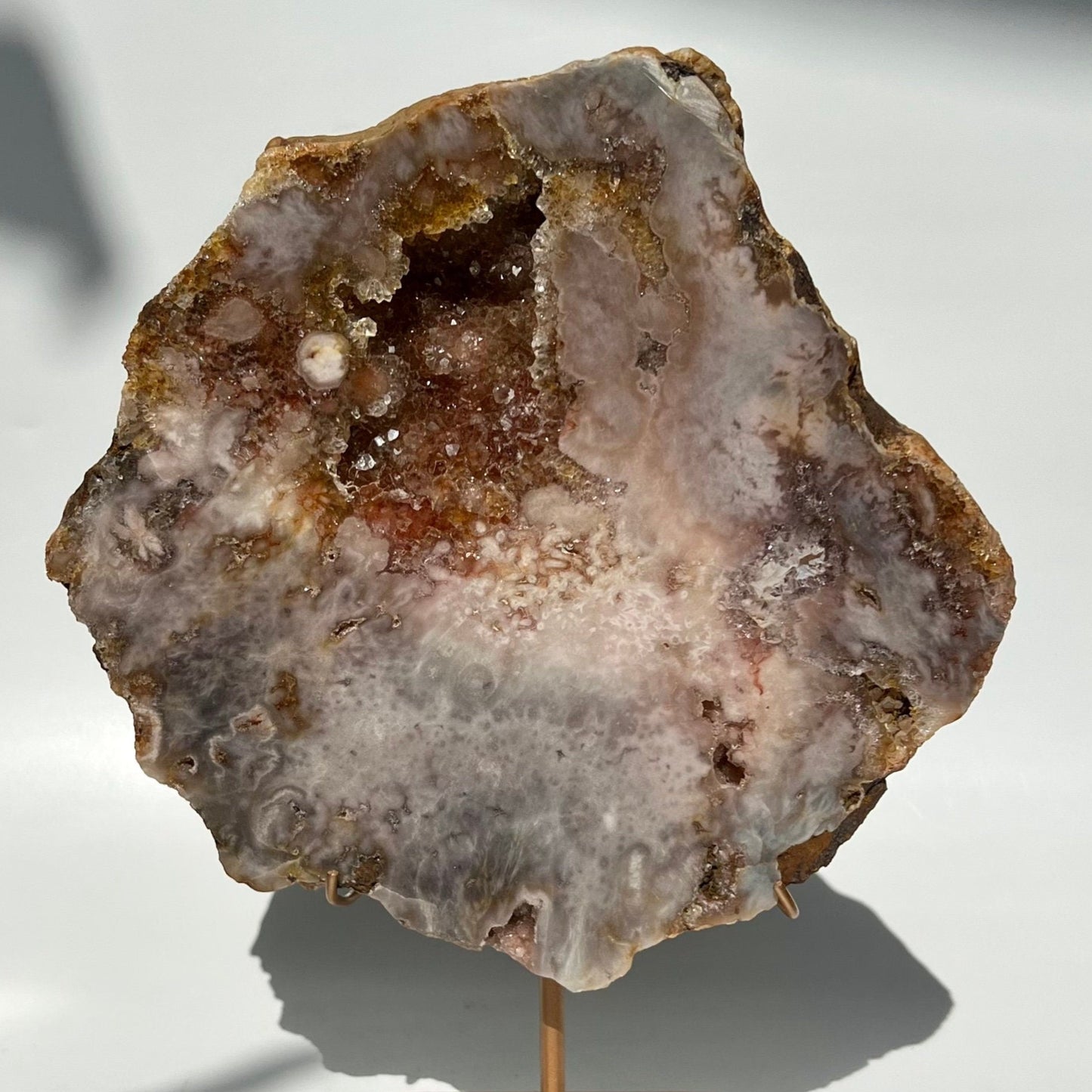 Druze Pink Amethyst Statement High Grade Slab on Gold Stand