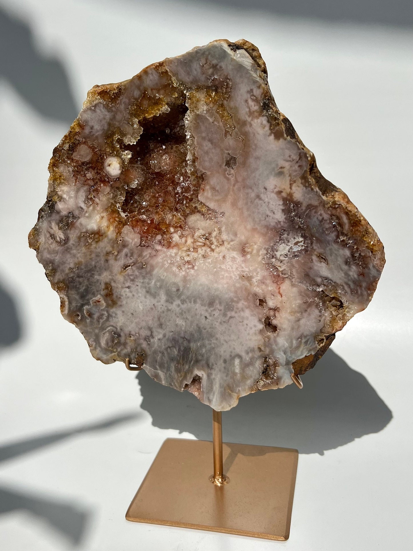 Druze Pink Amethyst Statement High Grade Slab on Gold Stand