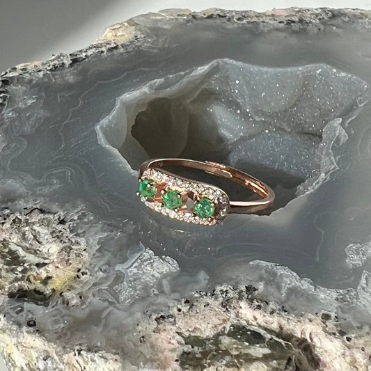 Sterling Silver Banded Three Emerald Gold Color Ring