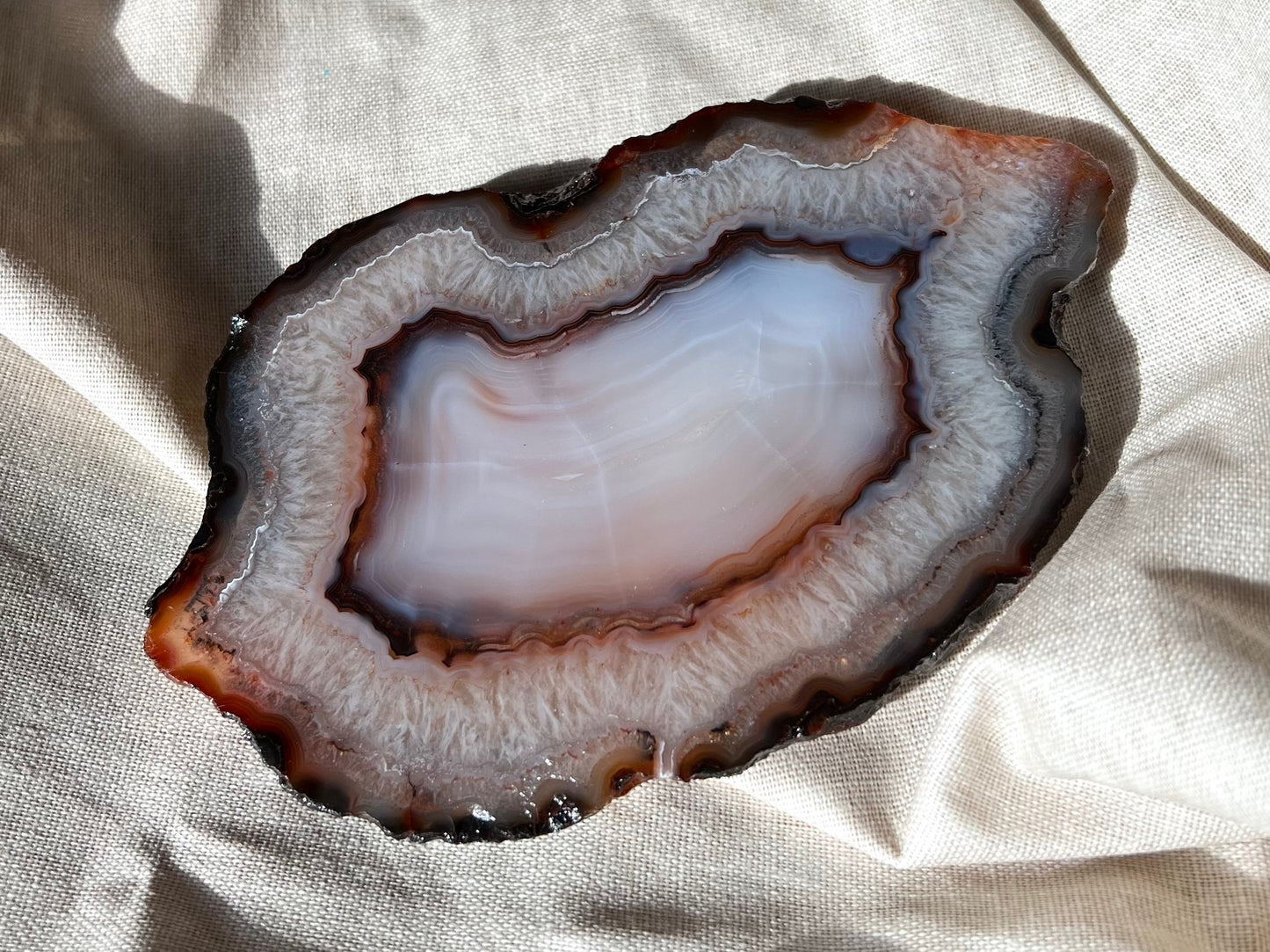 Strong Bandings Red Carnelian Blue Agate Quartz Filled Slab