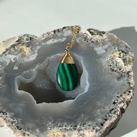 Malachite Green Bandings Raindrop Pendant and Necklace