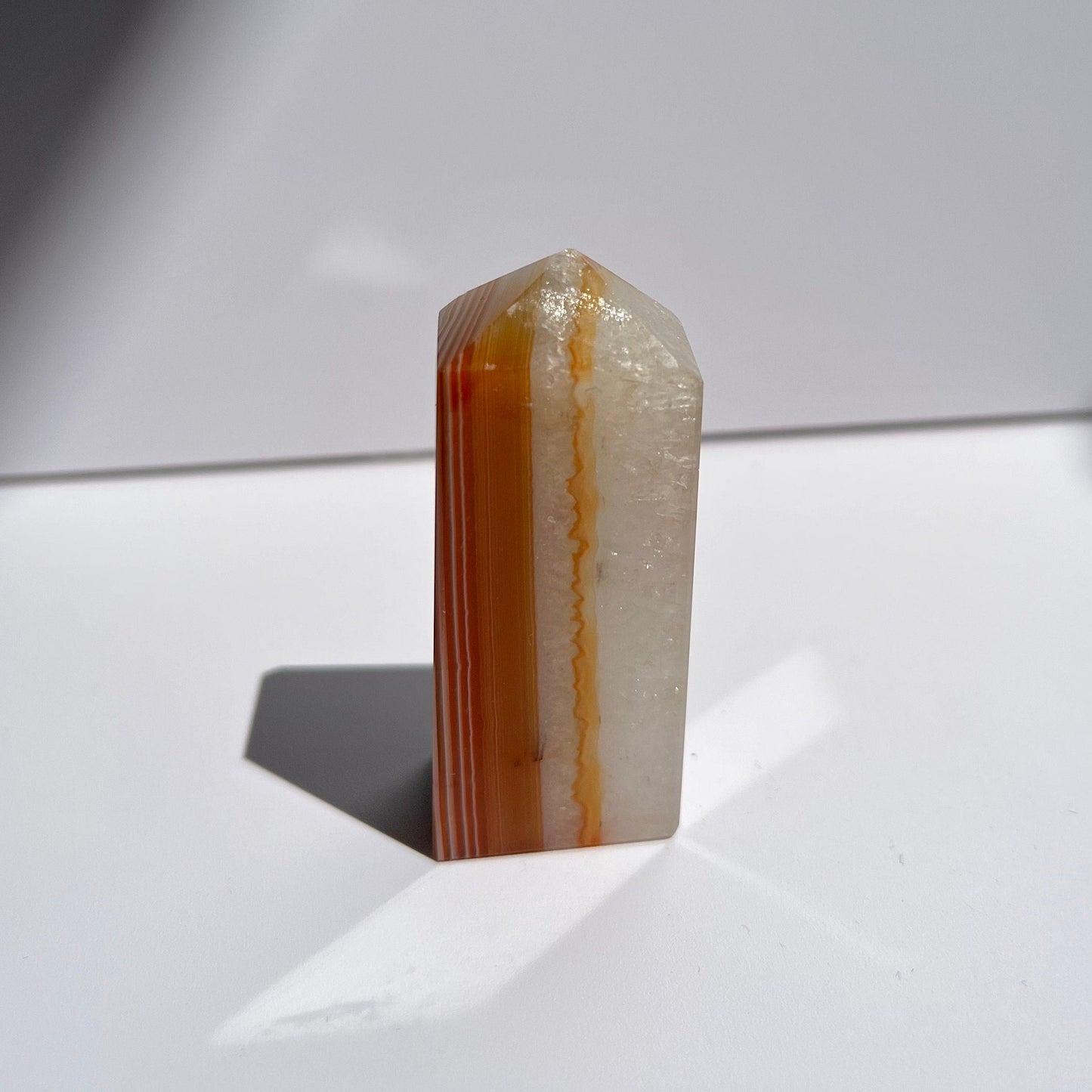 Vertical Banding Pastel Blue Red Orange Carnelian Crystal Flat Tower