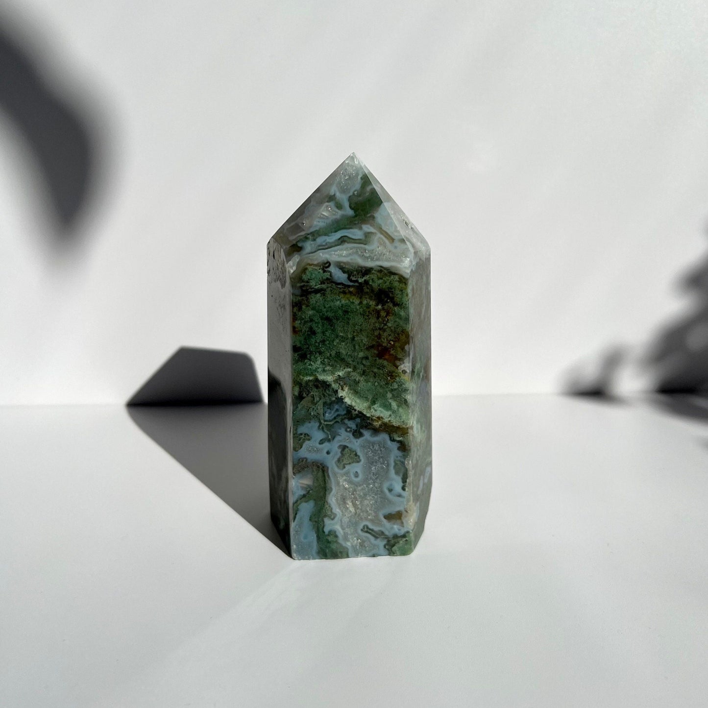 Large Chunky Six Sided Gorgeous Blue Green Moss Agate Tower