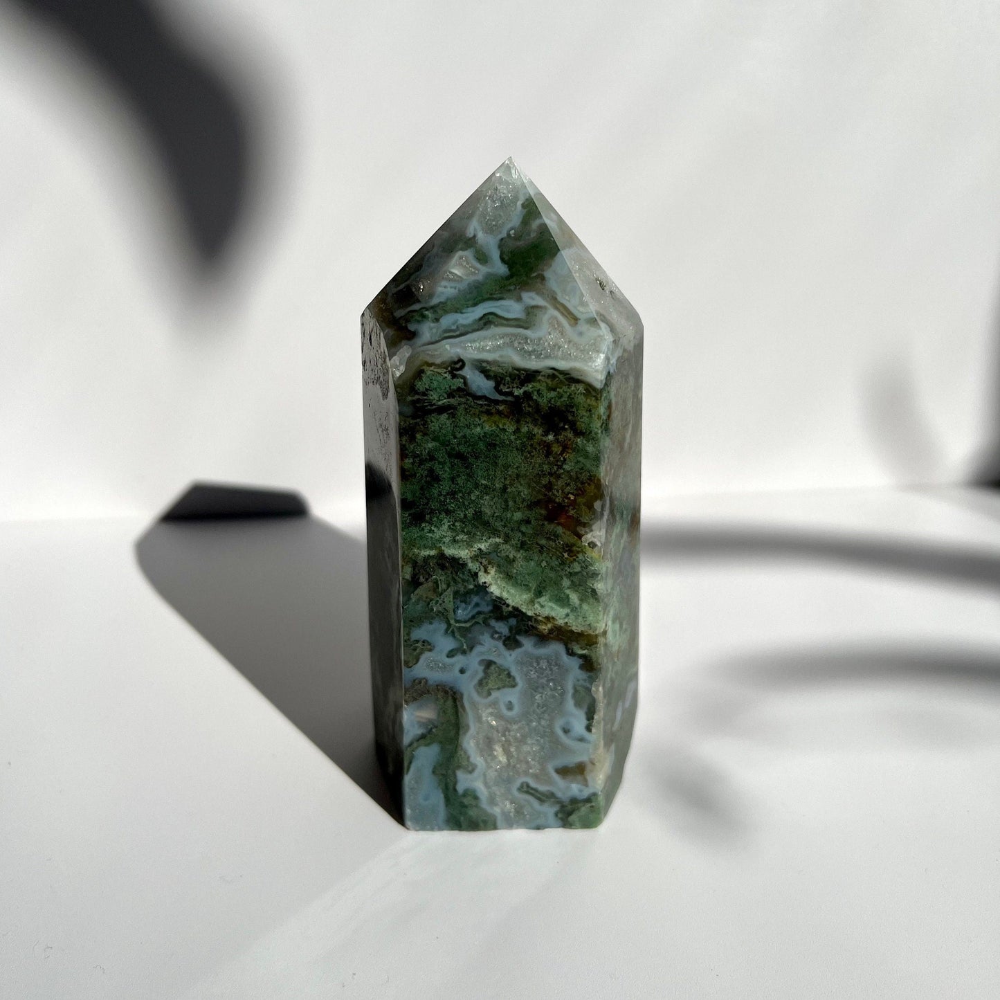 Large Chunky Six Sided Gorgeous Blue Green Moss Agate Tower