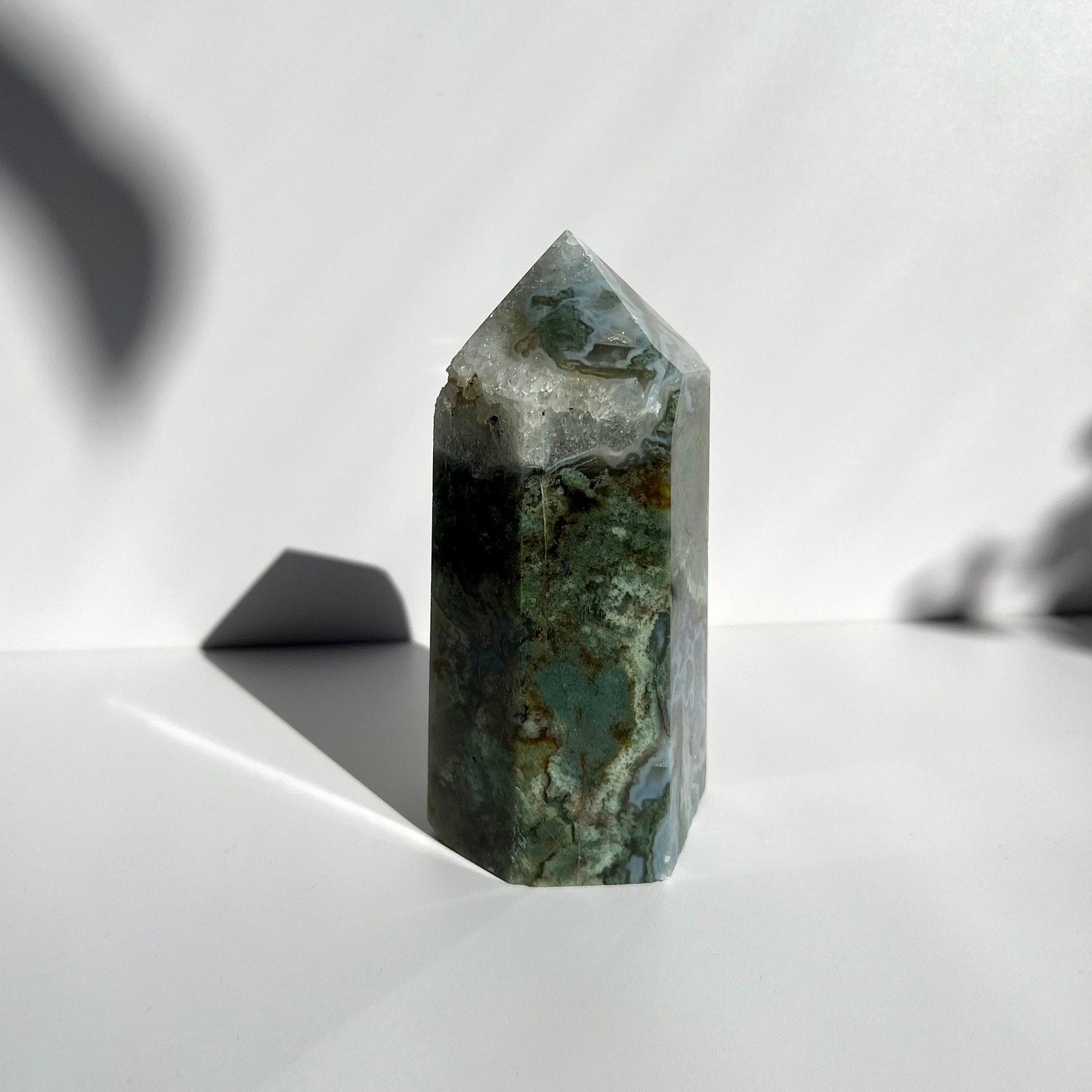 Large Chunky Six Sided Gorgeous Blue Green Moss Agate Tower