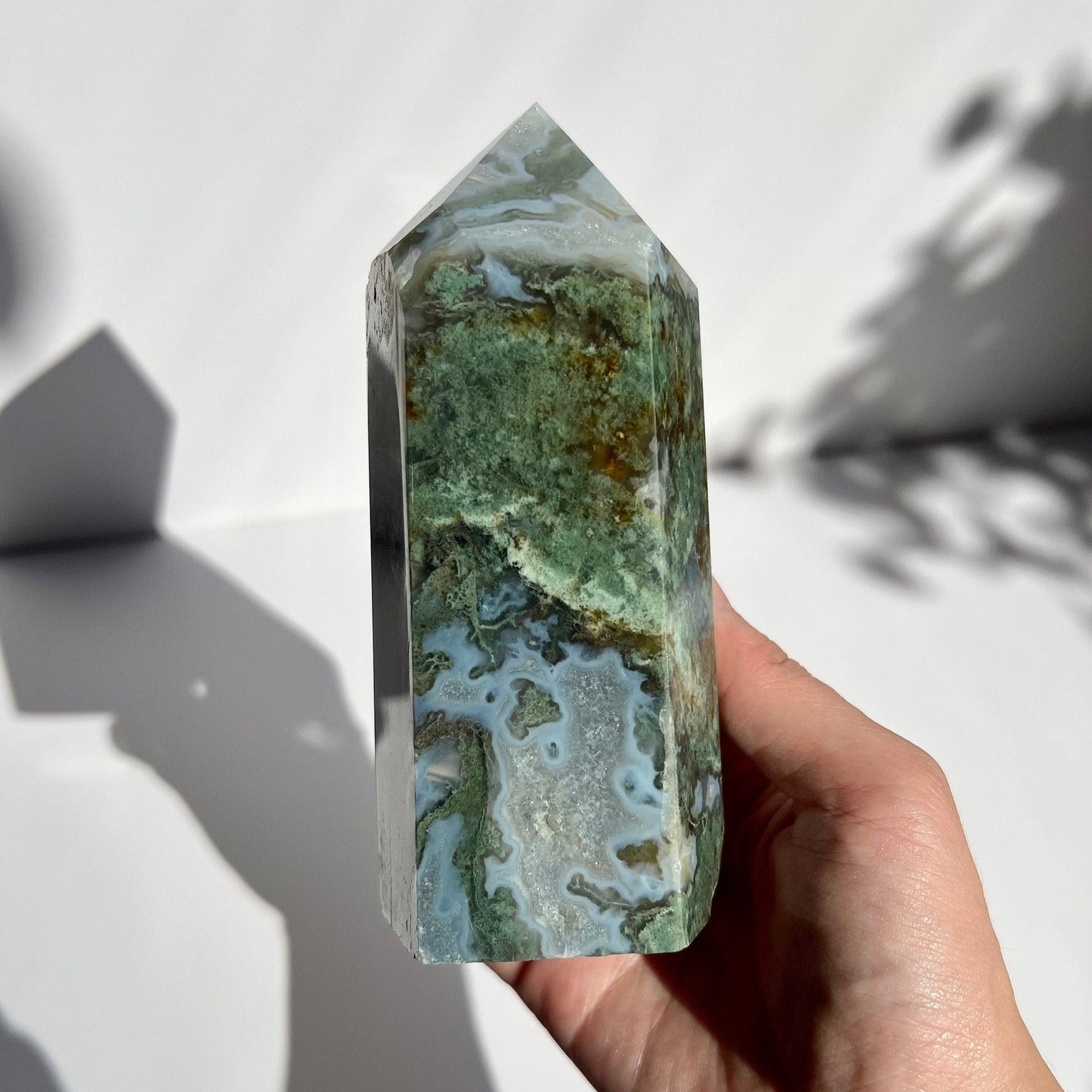 Large Chunky Six Sided Gorgeous Blue Green Moss Agate Tower