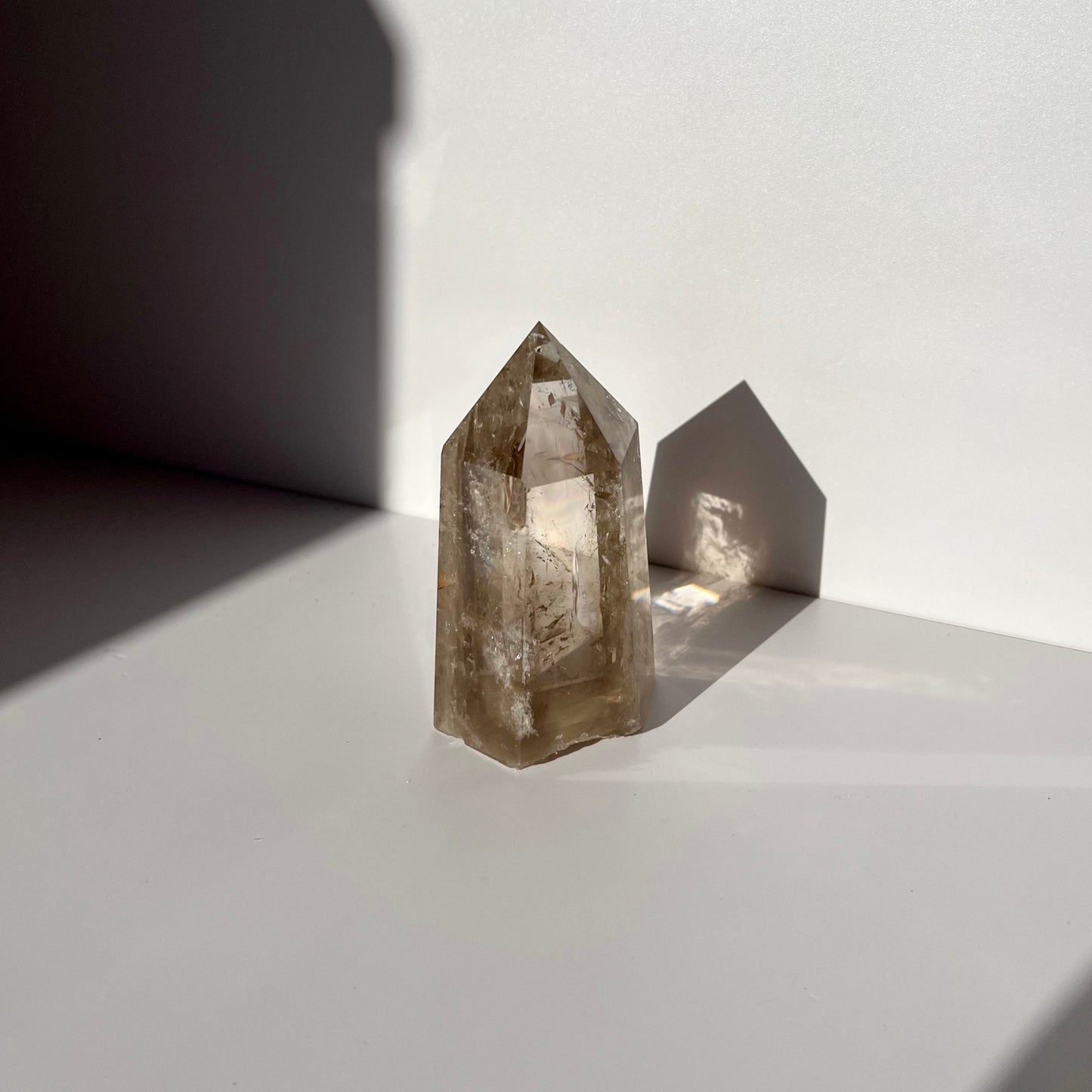 Rainbows Sheen Filled Transparent Smoky Quartz Crystal Point Tower