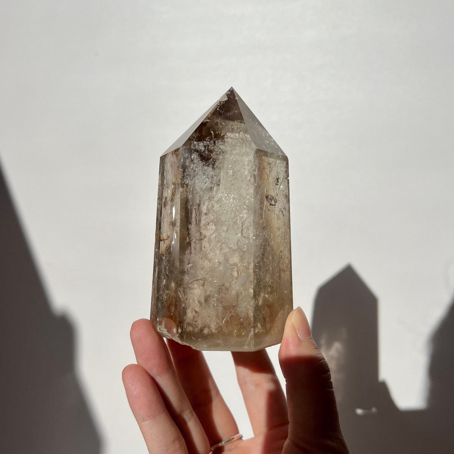 Rainbows Sheen Filled Transparent Smoky Quartz Crystal Point Tower