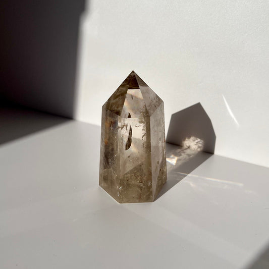 Rainbows Sheen Filled Transparent Smoky Quartz Crystal Point Tower