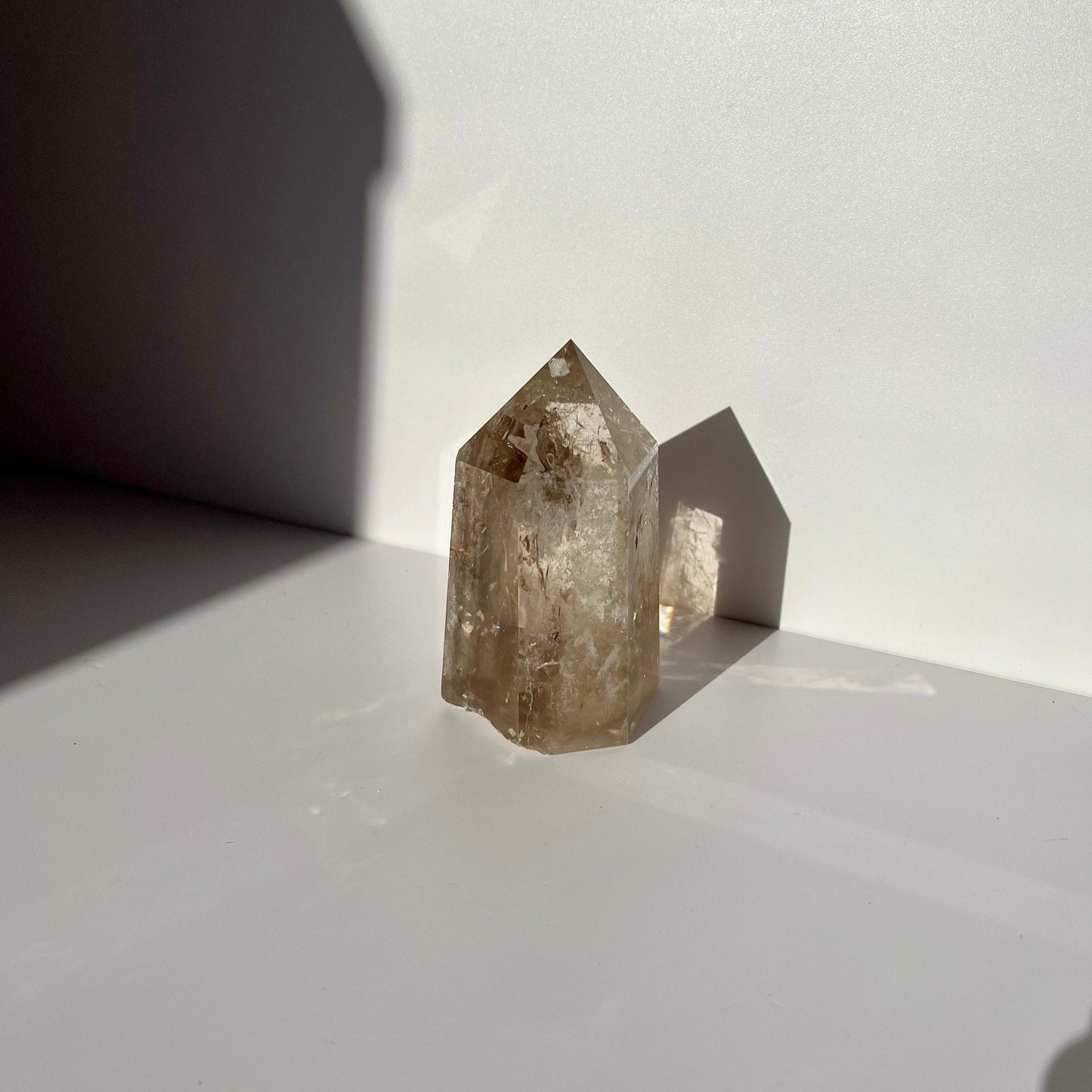 Rainbows Sheen Filled Transparent Smoky Quartz Crystal Point Tower