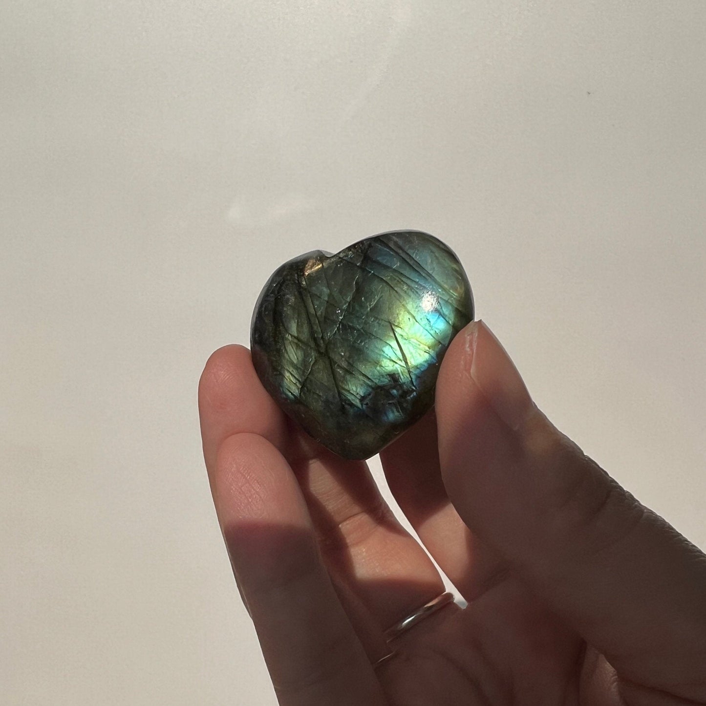 Green Gold multi flash peacock labradorite heart tumble