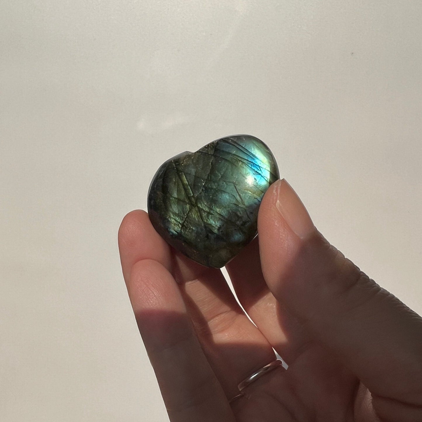 Green Gold multi flash peacock labradorite heart tumble