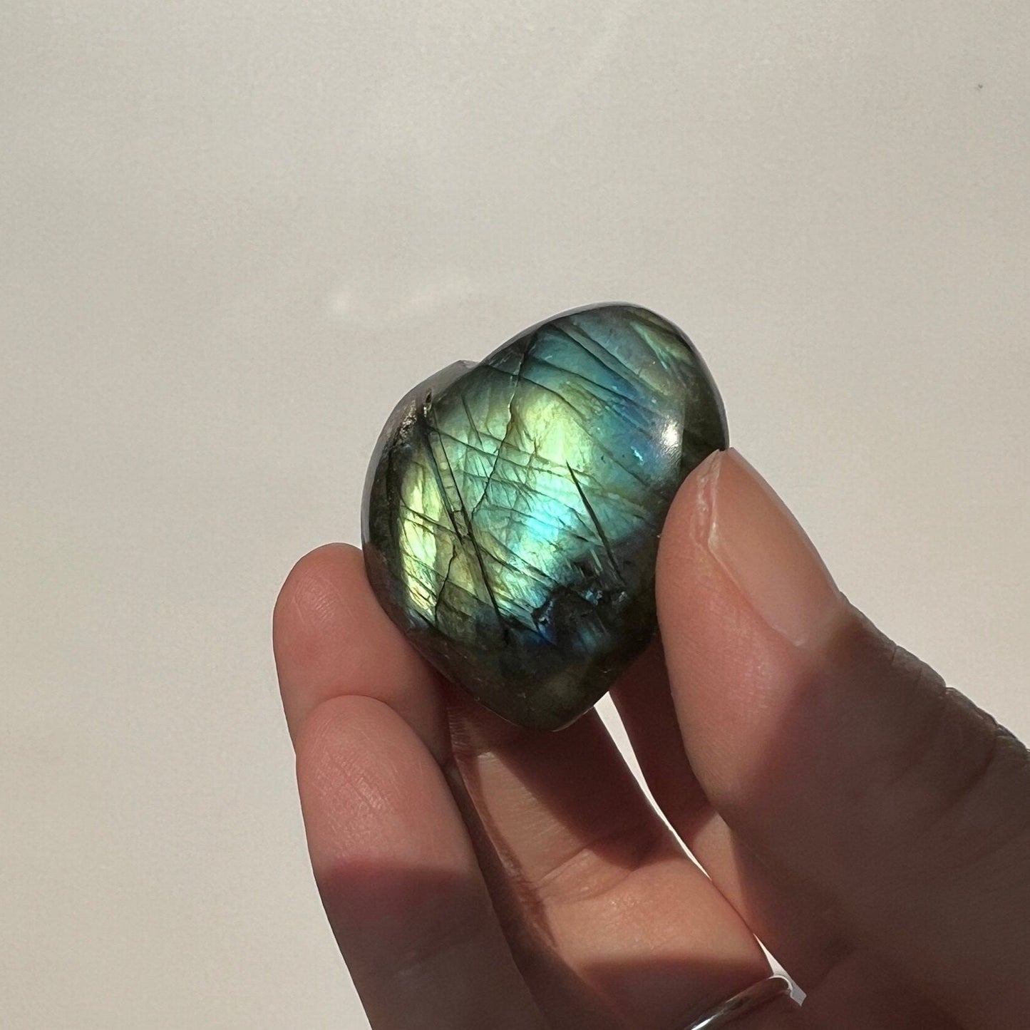 Green Gold multi flash peacock labradorite heart tumble