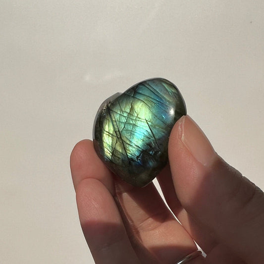 Green Gold multi flash peacock labradorite heart tumble